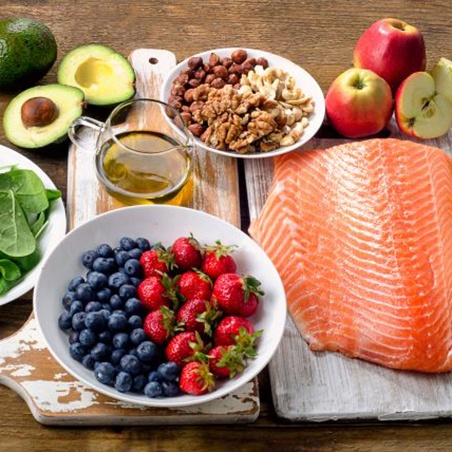 Variety of healthy foods arranged on table
